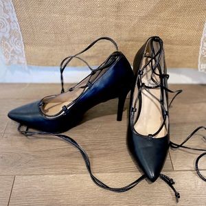 Black Pointed Closed Toe Lace Up Heels